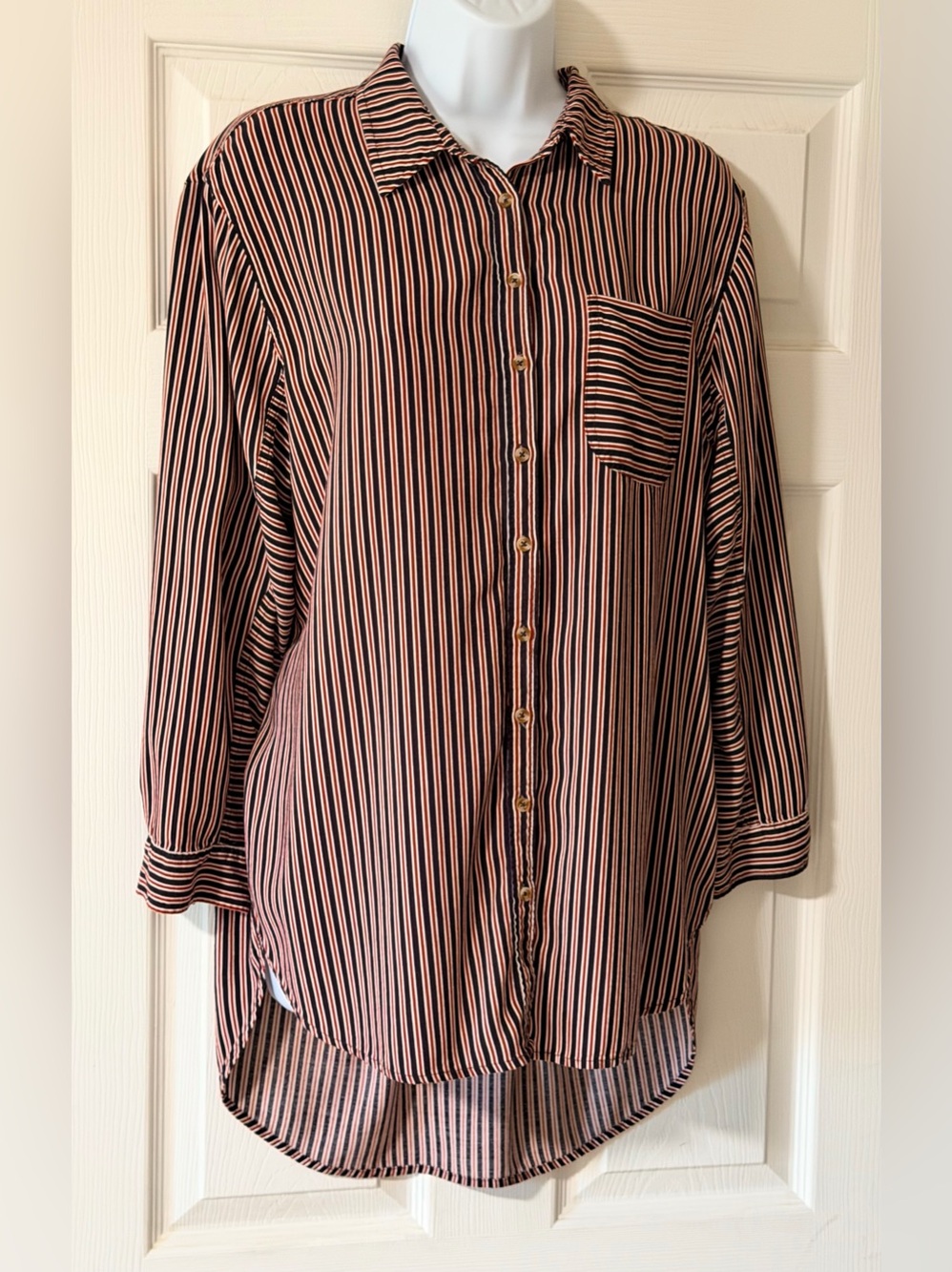 Maeve Black and Tan Striped Button-Front Tunic
